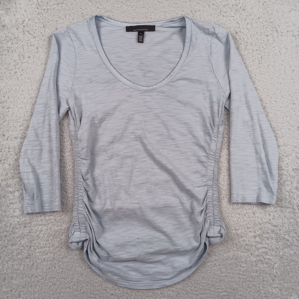 White House Black Market Top Ruched Woman S Light Blue Slub Knit 3/4 Sleeve